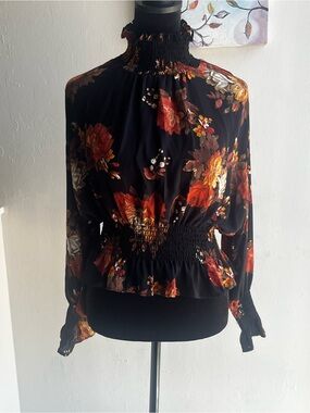 Black Floral Smocked High-Neck Blouse